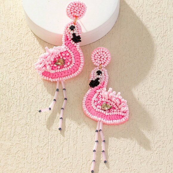 Light Pink Crystal Accent Seed Beaded Flamingo Tropical Bird Earrings - Picture 3 of 5